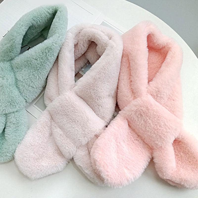 New Winter Solid Color Warm Thicken Soft Collar Scarf Faux Rabbit Fur Neckerchief Plush Warm Hot Scarfs Cross Collar Scarf Shawl Solid With Pearl Elegant For Women Stevvex