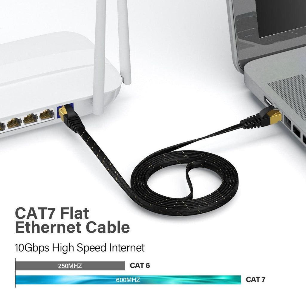 CAT7 Ethernet Cable 10G 600MHz Shielded Flat RJ45 Internet Network Patch Cord Fast LAN Wire Network Gold Plated Lead Polyester Braided For Gaming Stevvex