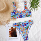 Modern Blue High Waist Bikini Push Up Swimwear Women Dragon Printed Bikini Set Retro Swimsuit Women's High Waist Bikini Swimsuits Twist Push Up Two Piece Bathing Suits Tummy Control Swimwear Stevvex