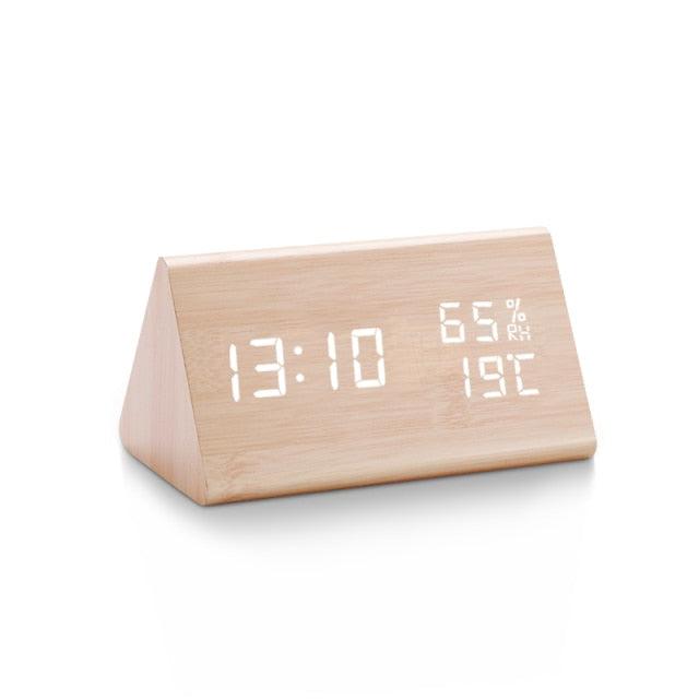 Digital Clock LED Wooden Alarm Clock Digital Alarm Clock with Wooden Electronic LED Time Display 3 Alarm Settings Humidity & Temperature Detect Wood Made Electric Clocks Table Sound Control Electronic Clocks Desktop USB/AAA Powered Home Table Decor Stevvex
