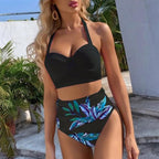 High Waist Bikini Leaf Print Swimsuit Women Push Up Swimwear Female Halter Bathing Suit Vintage Swimming Suit Women Vintage Underwire High Waist Swimsuit Two Pieces Halter Lace Up Adjustable Bikini Top Stevvex