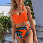 High Waist Bikini Leaf Print Swimsuit Women Push Up Swimwear Female Halter Bathing Suit Vintage Swimming Suit Women Vintage Underwire High Waist Swimsuit Two Pieces Halter Lace Up Adjustable Bikini Top Stevvex