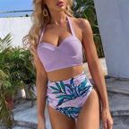 High Waist Bikini Leaf Print Swimsuit Women Push Up Swimwear Female Halter Bathing Suit Vintage Swimming Suit Women Vintage Underwire High Waist Swimsuit Two Pieces Halter Lace Up Adjustable Bikini Top Stevvex