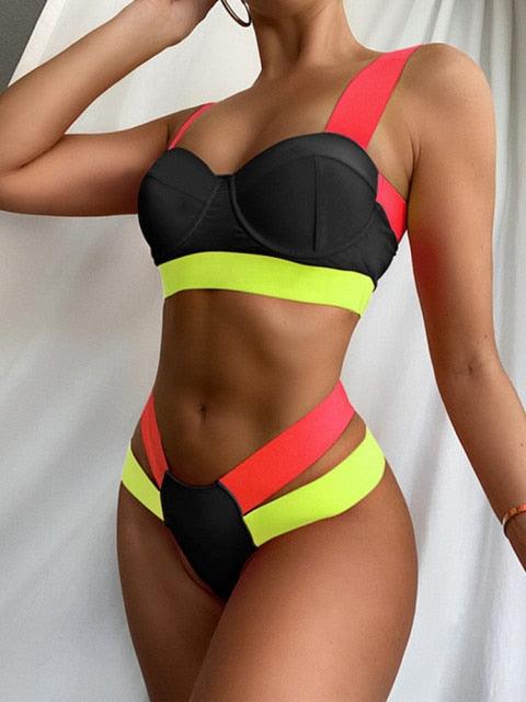 Luxury Women Black Bikini High Waist Swimwear Female 2 Pieces Set Swimsuit Bathing Suit Women Beach Women's High Waisted Bandage Bikini Set Two Piece Push Up Swimsuits Stevvex