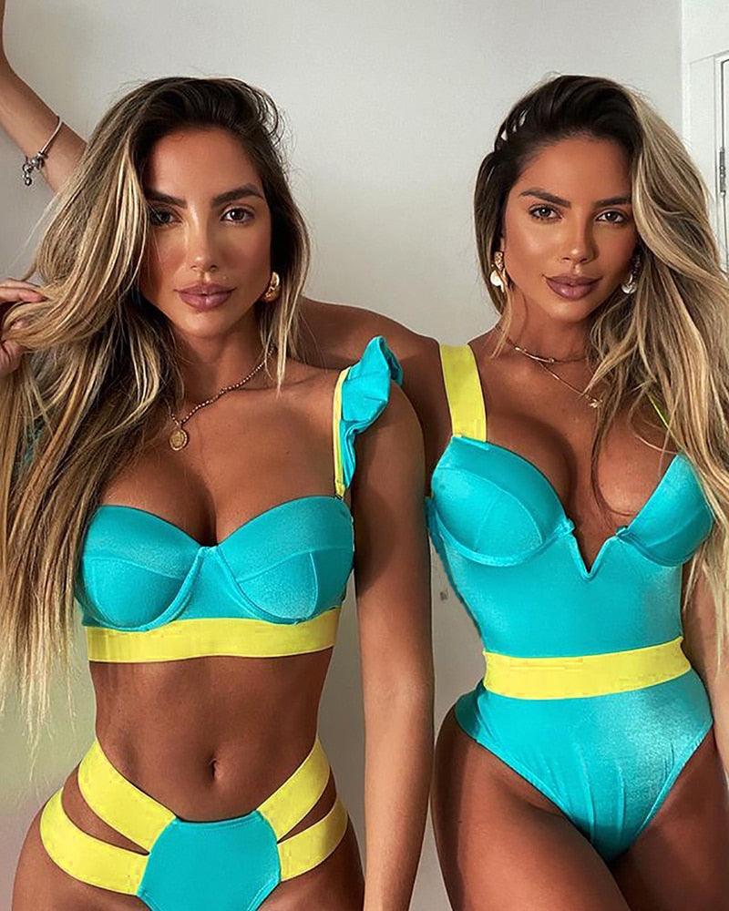 Women's Swimsuits Swimwear Patchwork Bikini Woman Push up Bikinis Swimsuit Bathing Suits Women Rave Neon Patchwork Bikini Swimsuit 2 Piece Cutout Molded Push Up Bathing Suit Stevvex