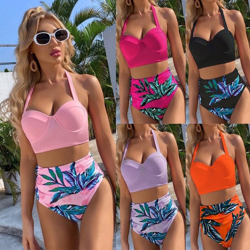 High Waist Bikini Leaf Print Swimsuit Women Push Up Swimwear Female Halter Bathing Suit Vintage Swimming Suit Women Vintage Underwire High Waist Swimsuit Two Pieces Halter Lace Up Adjustable Bikini Top Stevvex