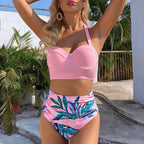 High Waist Bikini Leaf Print Swimsuit Women Push Up Swimwear Female Halter Bathing Suit Vintage Swimming Suit Women Vintage Underwire High Waist Swimsuit Two Pieces Halter Lace Up Adjustable Bikini Top Stevvex