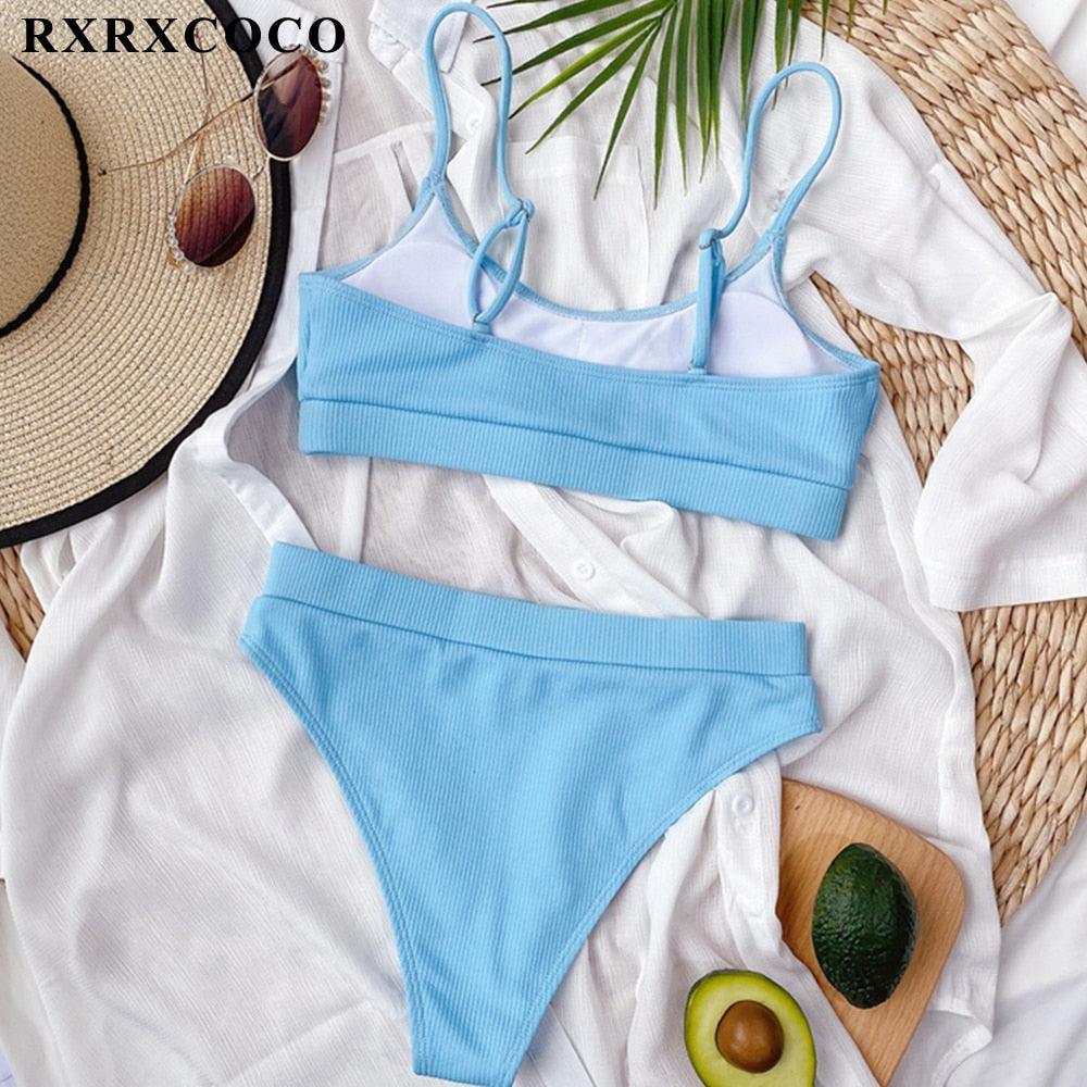 Swimwear Women Ribbed Bathing Suit Female Push Up Bikini Set Women's Bathing Suit Lace up Bikini Ribbed Two Piece Swimsuit Beachwear High Waist Bikini Women's Swimsuit Stevvex