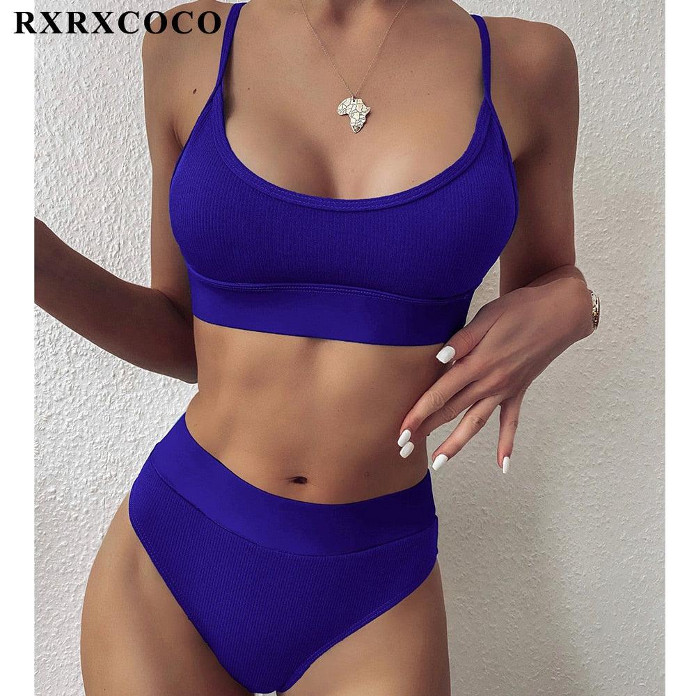 Swimwear Women Ribbed Bathing Suit Female Push Up Bikini Set Women's Bathing Suit Lace up Bikini Ribbed Two Piece Swimsuit Beachwear High Waist Bikini Women's Swimsuit Stevvex