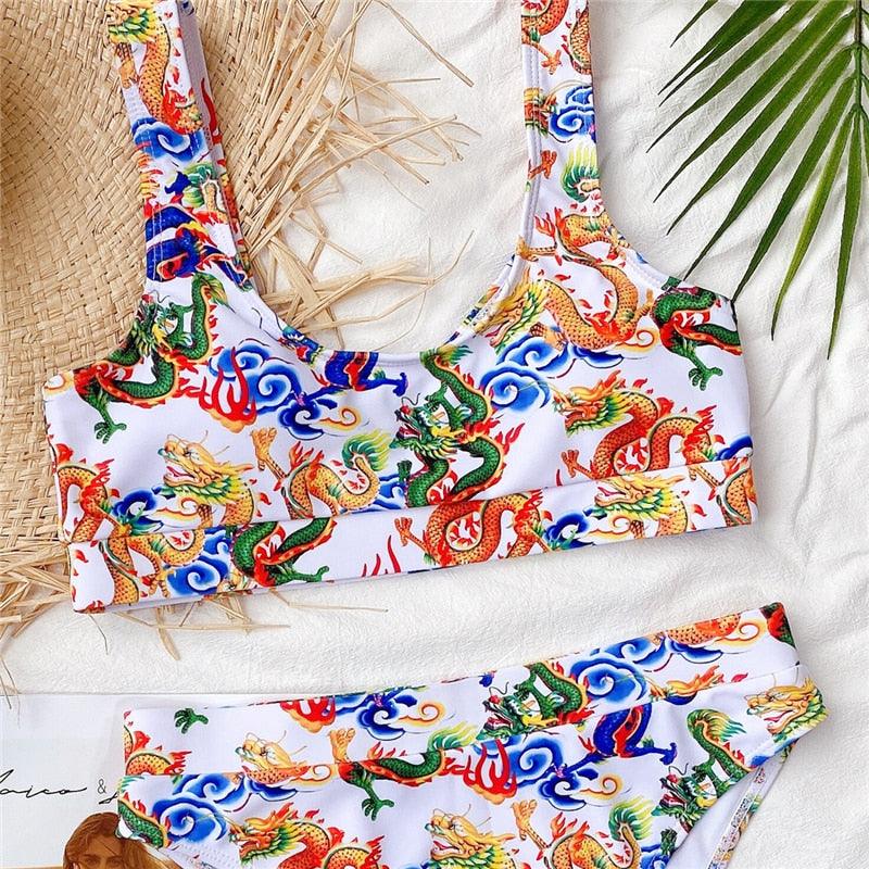 Modern Blue High Waist Bikini Push Up Swimwear Women Dragon Printed Bikini Set Retro Swimsuit Women's High Waist Bikini Swimsuits Twist Push Up Two Piece Bathing Suits Tummy Control Swimwear Stevvex