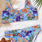 Modern Blue High Waist Bikini Push Up Swimwear Women Dragon Printed Bikini Set Retro Swimsuit Women's High Waist Bikini Swimsuits Twist Push Up Two Piece Bathing Suits Tummy Control Swimwear Stevvex
