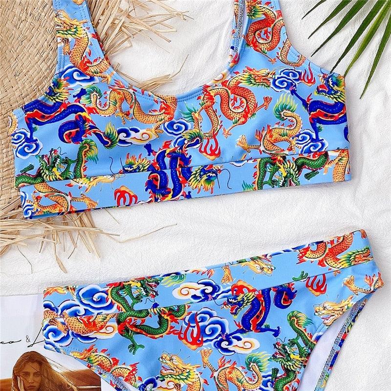 Modern Blue High Waist Bikini Push Up Swimwear Women Dragon Printed Bikini Set Retro Swimsuit Women's High Waist Bikini Swimsuits Twist Push Up Two Piece Bathing Suits Tummy Control Swimwear Stevvex