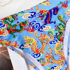 Modern Blue High Waist Bikini Push Up Swimwear Women Dragon Printed Bikini Set Retro Swimsuit Women's High Waist Bikini Swimsuits Twist Push Up Two Piece Bathing Suits Tummy Control Swimwear Stevvex