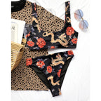 Modern Blue High Waist Bikini Push Up Swimwear Women Dragon Printed Bikini Set Retro Swimsuit Women's High Waist Bikini Swimsuits Twist Push Up Two Piece Bathing Suits Tummy Control Swimwear Stevvex