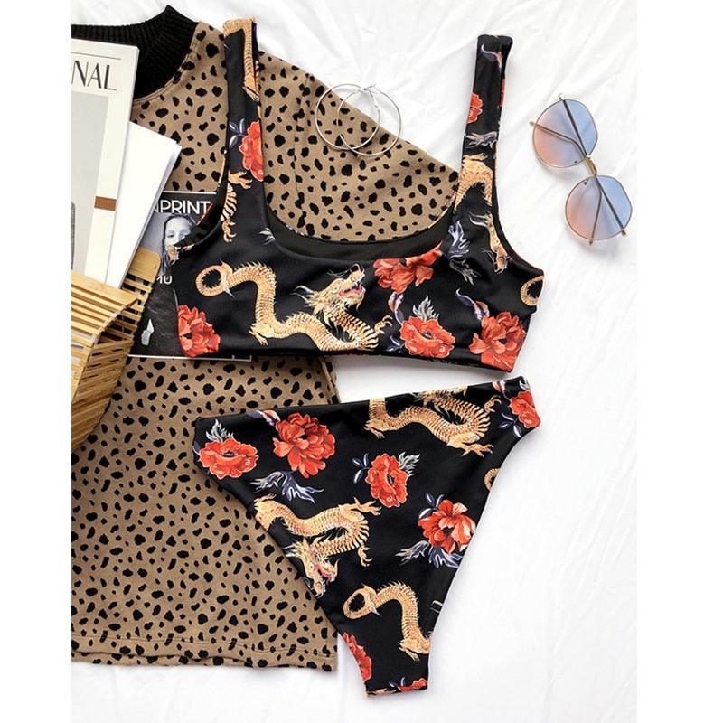 Modern Blue High Waist Bikini Push Up Swimwear Women Dragon Printed Bikini Set Retro Swimsuit Women's High Waist Bikini Swimsuits Twist Push Up Two Piece Bathing Suits Tummy Control Swimwear Stevvex