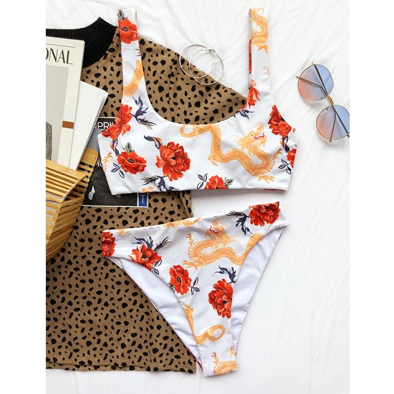 Modern Blue High Waist Bikini Push Up Swimwear Women Dragon Printed Bikini Set Retro Swimsuit Women's High Waist Bikini Swimsuits Twist Push Up Two Piece Bathing Suits Tummy Control Swimwear Stevvex