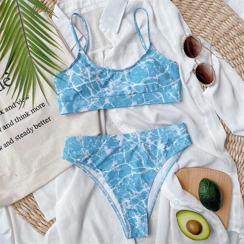 Modern Blue High Waist Bikini Push Up Swimwear Women Dragon Printed Bikini Set Retro Swimsuit Women's High Waist Bikini Swimsuits Twist Push Up Two Piece Bathing Suits Tummy Control Swimwear Stevvex