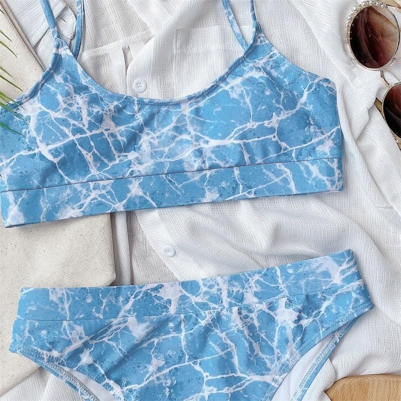 Modern Blue High Waist Bikini Push Up Swimwear Women Dragon Printed Bikini Set Retro Swimsuit Women's High Waist Bikini Swimsuits Twist Push Up Two Piece Bathing Suits Tummy Control Swimwear Stevvex