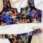 Modern Blue High Waist Bikini Push Up Swimwear Women Dragon Printed Bikini Set Retro Swimsuit Women's High Waist Bikini Swimsuits Twist Push Up Two Piece Bathing Suits Tummy Control Swimwear Stevvex