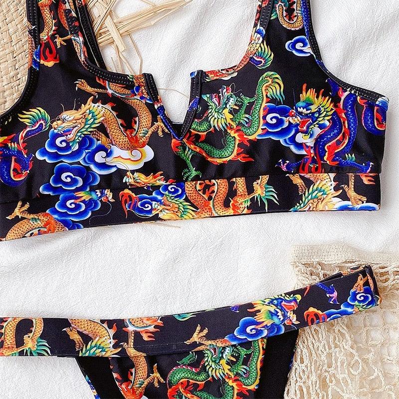 Modern Blue High Waist Bikini Push Up Swimwear Women Dragon Printed Bikini Set Retro Swimsuit Women's High Waist Bikini Swimsuits Twist Push Up Two Piece Bathing Suits Tummy Control Swimwear Stevvex