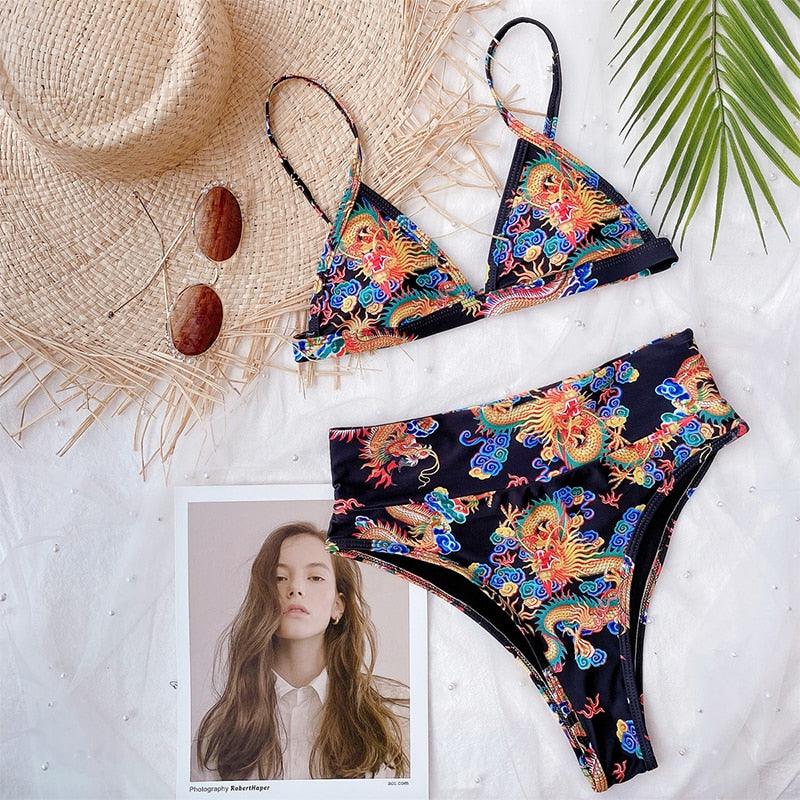 Modern Blue High Waist Bikini Push Up Swimwear Women Dragon Printed Bikini Set Retro Swimsuit Women's High Waist Bikini Swimsuits Twist Push Up Two Piece Bathing Suits Tummy Control Swimwear Stevvex