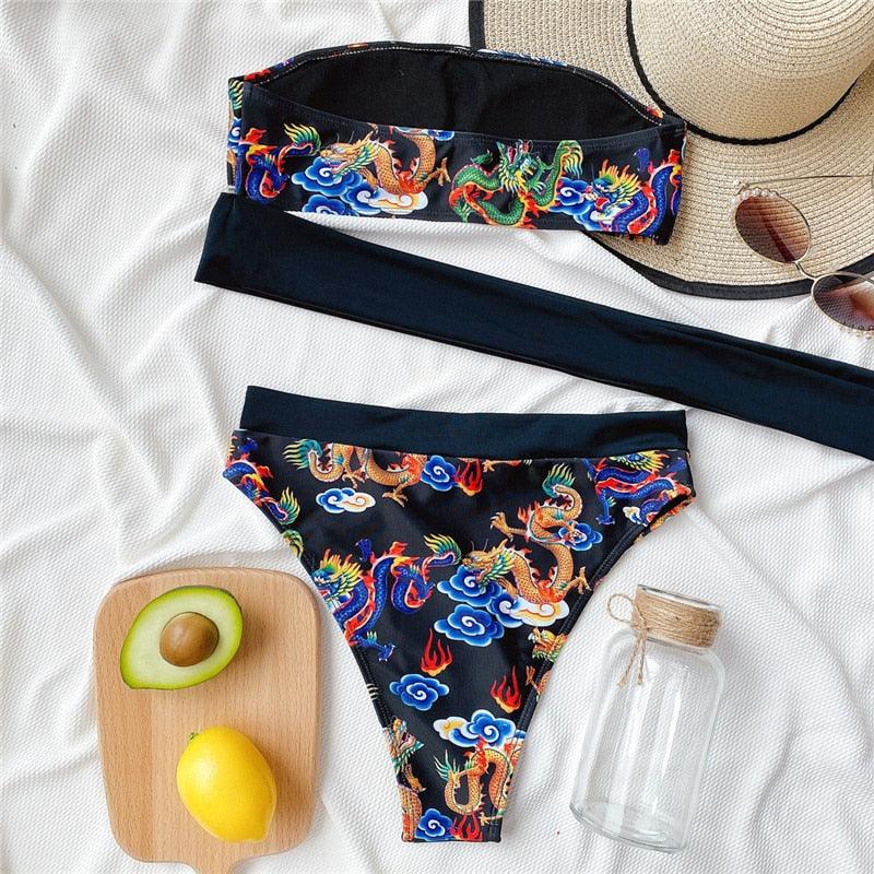 Modern Blue High Waist Bikini Push Up Swimwear Women Dragon Printed Bikini Set Retro Swimsuit Women's High Waist Bikini Swimsuits Twist Push Up Two Piece Bathing Suits Tummy Control Swimwear Stevvex