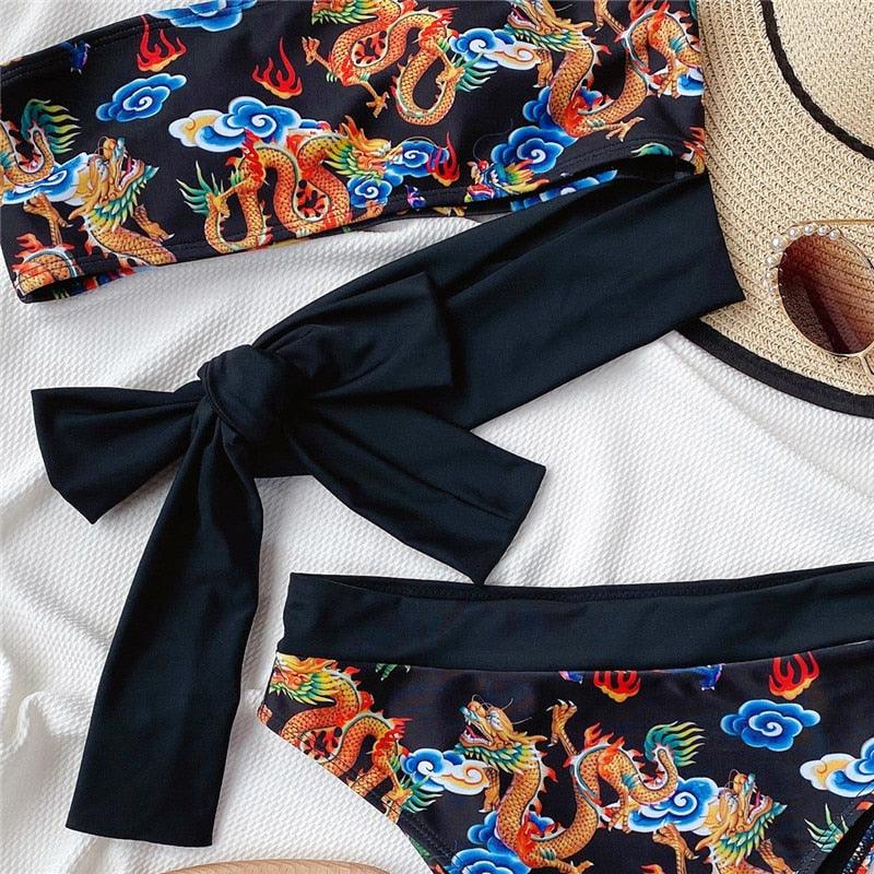 Modern Blue High Waist Bikini Push Up Swimwear Women Dragon Printed Bikini Set Retro Swimsuit Women's High Waist Bikini Swimsuits Twist Push Up Two Piece Bathing Suits Tummy Control Swimwear Stevvex