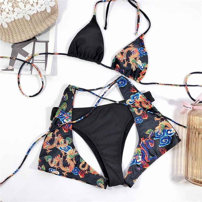 Modern Blue High Waist Bikini Push Up Swimwear Women Dragon Printed Bikini Set Retro Swimsuit Women's High Waist Bikini Swimsuits Twist Push Up Two Piece Bathing Suits Tummy Control Swimwear Stevvex