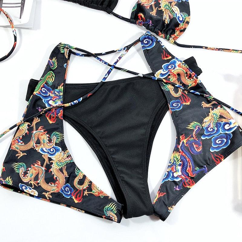 Modern Blue High Waist Bikini Push Up Swimwear Women Dragon Printed Bikini Set Retro Swimsuit Women's High Waist Bikini Swimsuits Twist Push Up Two Piece Bathing Suits Tummy Control Swimwear Stevvex