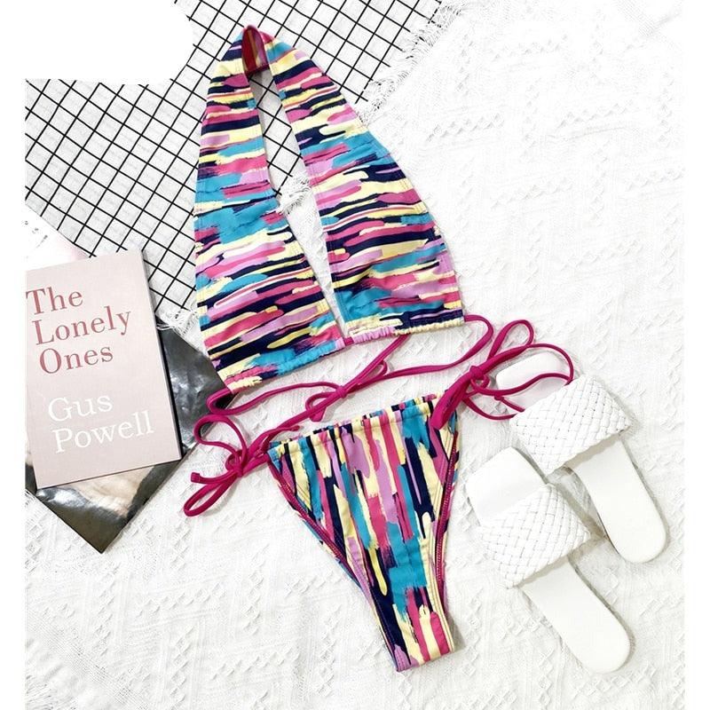 Halter Hollow Cross Bikinis Set Swimsuit Women's New Solid Two-Piece Swimwear Two Piece Swimsuit Halter Crisscross Cut Out Bikini Wrap Top with High Waist  Bottom Beach Swimwear Summer Beachwear Woman Bath Bathing Suit Stevvex