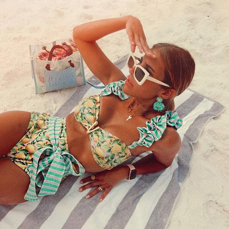 Two-Pieces Women  Push-Up Padded Bra Ruffles Bandage Bikini Set Swimsuit  Women's Bathing Suits Ruffles Flounce Bikini Sets Low Rise Two Piece Swimsuit Swimwear Bathing Suit Beachwear Stevvex