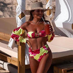 Trendy High Waist Bikini New Long Sleeve Swimsuit  Women's Long Sleeve High Waist Off-Shoulder Swimwear Women Bubble Sleeve Bikinis Mesh Charming Beach Wear Stevvex