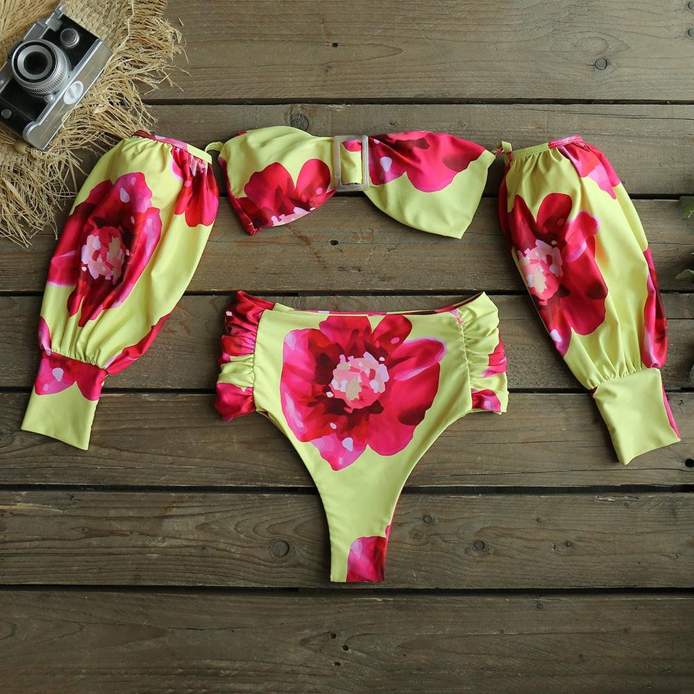Trendy High Waist Bikini New Long Sleeve Swimsuit  Women's Long Sleeve High Waist Off-Shoulder Swimwear Women Bubble Sleeve Bikinis Mesh Charming Beach Wear Stevvex