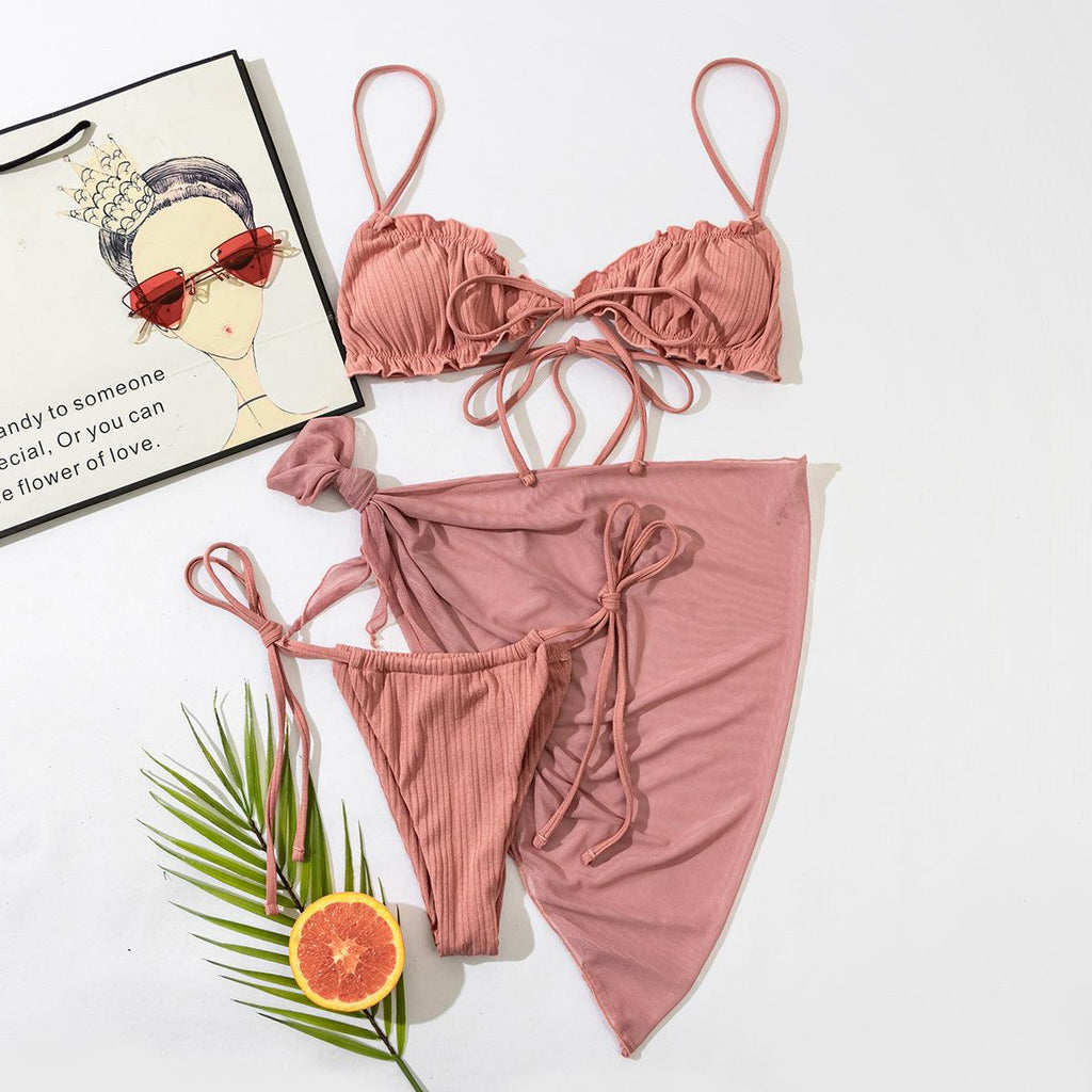 3PCS Ladies Split Swimwear Sets Women Swimsuit Women's Bikini Swimsuits Bikini Set With Wrap Skirt Underwire Swimwear Bathing Suit Chiffon Cover Up Bikini Ruffles Lace-up  Mesh Cover Ups Bikinis Set Stevvex