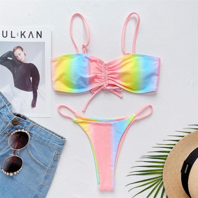 Rainbow Printed Micro Thong Lace Up Bikini Women Swimwear Swimsuits for Women Tie String Triangle Bikini Set Two Piece Bathing Suits Female Swimsuit Two-pieces Bikini Set Stevvex