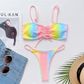 Rainbow Printed Micro Thong Lace Up Bikini Women Swimwear Swimsuits for Women Tie String Triangle Bikini Set Two Piece Bathing Suits Female Swimsuit Two-pieces Bikini Set Stevvex