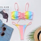 Rainbow Printed Micro Thong Lace Up Bikini Women Swimwear Swimsuits for Women Tie String Triangle Bikini Set Two Piece Bathing Suits Female Swimsuit Two-pieces Bikini Set Stevvex