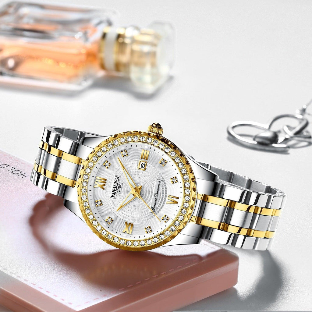 Business Black Couple Watches Top Luxury Mens Watches Auto Date Quartz Wristwatch Gold Watch Men Diamond Stainless Steel Waterproof Luminous Business Casual Luxury Watch For Men Stevvex