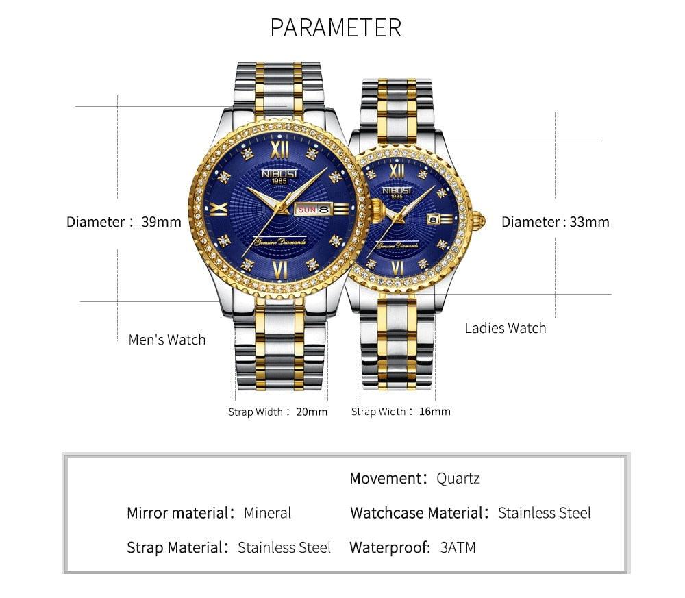 Business Black Couple Watches Top Luxury Mens Watches Auto Date Quartz Wristwatch Gold Watch Men Diamond Stainless Steel Waterproof Luminous Business Casual Luxury Watch For Men Stevvex
