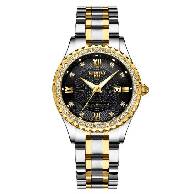 Business Black Couple Watches Top Luxury Mens Watches Auto Date Quartz Wristwatch Gold Watch Men Diamond Stainless Steel Waterproof Luminous Business Casual Luxury Watch For Men Stevvex