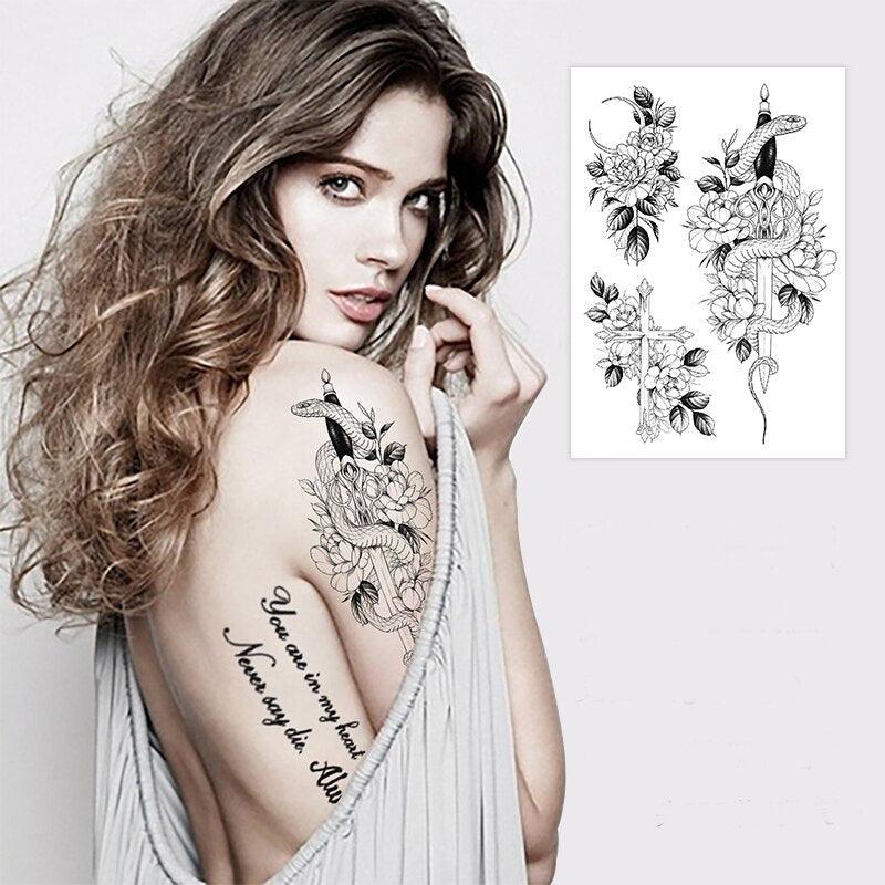 49 Sheets Waterproof Temporary Black Sketches Flowers Tattoo Stickers Flower Rose Tattoos For Women Adults Stevvex