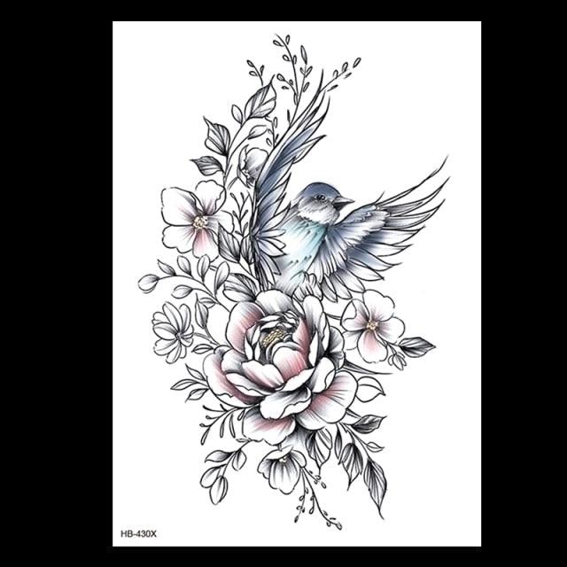 49 Sheets Waterproof Temporary Black Sketches Flowers Tattoo Stickers Flower Rose Tattoos For Women Adults Stevvex