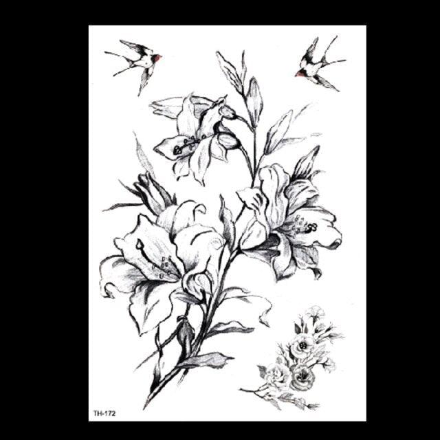 49 Sheets Waterproof Temporary Black Sketches Flowers Tattoo Stickers Flower Rose Tattoos For Women Adults Stevvex
