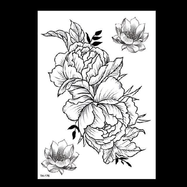 49 Sheets Waterproof Temporary Black Sketches Flowers Tattoo Stickers Flower Rose Tattoos For Women Adults Stevvex