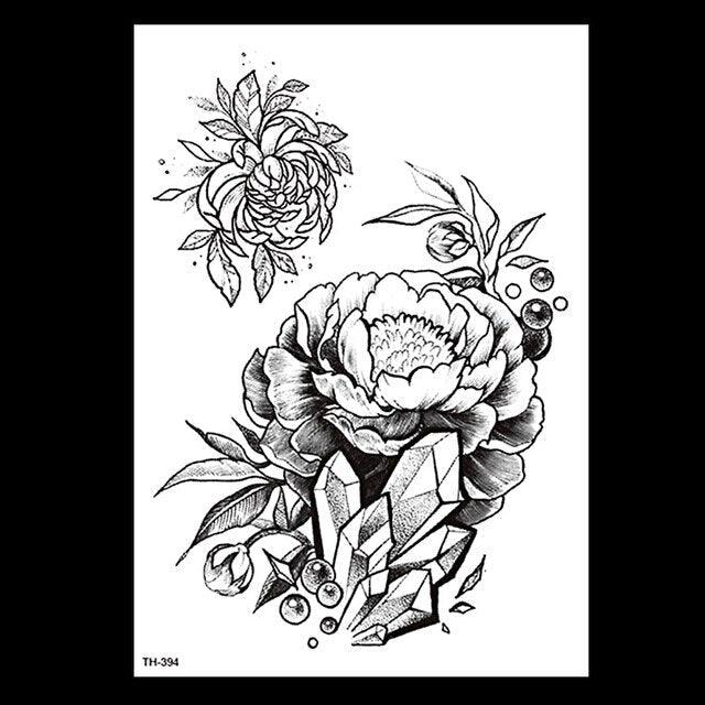 49 Sheets Waterproof Temporary Black Sketches Flowers Tattoo Stickers Flower Rose Tattoos For Women Adults Stevvex