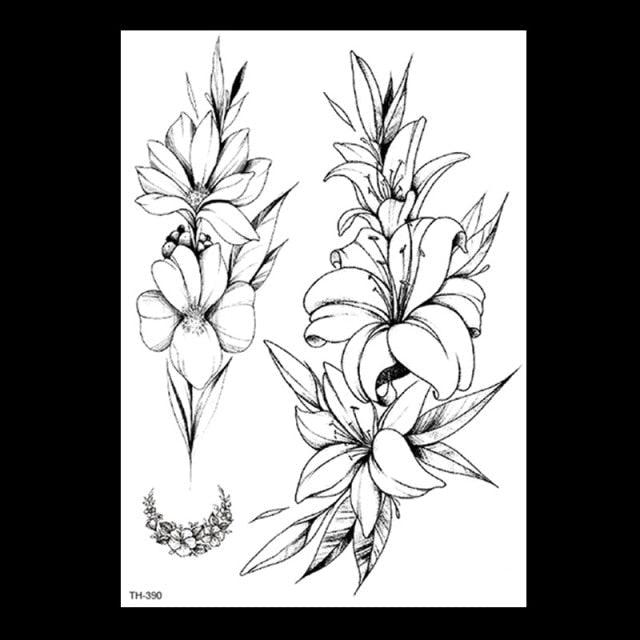 49 Sheets Waterproof Temporary Black Sketches Flowers Tattoo Stickers Flower Rose Tattoos For Women Adults Stevvex