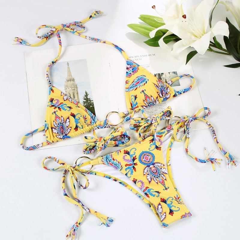 Bikini Triangle Adjust Swimwear Women's Crisscross Halter Bikini Lace Up Back Bandage Two Piece Strappy Bathing Suits G String Thong Swimwear Women Bathing Suit Hollow Out Quality Pleated Swimsuit Female Double-Sided Bikini Set Stevvex