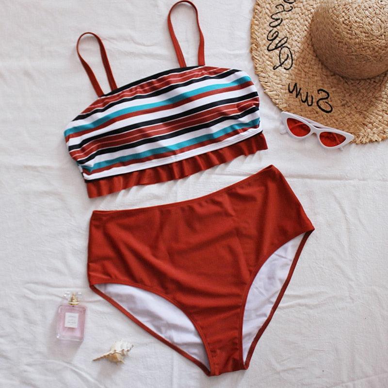 Striped Plus Size Women 2 Pieces Bikini Women's Plus Size Bathing Suits Two Piece High Cut Bikini Sets Waist Swimsuits Swimwear Large Size Swimsuit Off Shoulder High Waist Bathing Suit High Cut Swimwear Stevvex