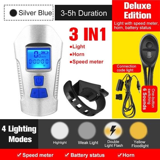 Smart Waterproof Bicycle Light USB Rechargeable Bike Front Light Flashlight With Bike Computer LCD Speedometer Waterproof Bicycles Light And Odometer Horn For Safe Cycling 4 Modes Fits For All Mountain Road Bikes Stevvex