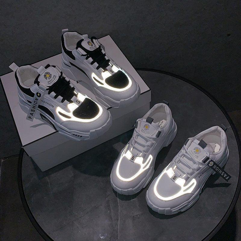 Fashion Spring Reflective Women Sneakers Lace Up Chunky Sneakers Mixed Color Women's Lightweight Casual Everyday Walking Fashion Chunky Sneakers Stevvex